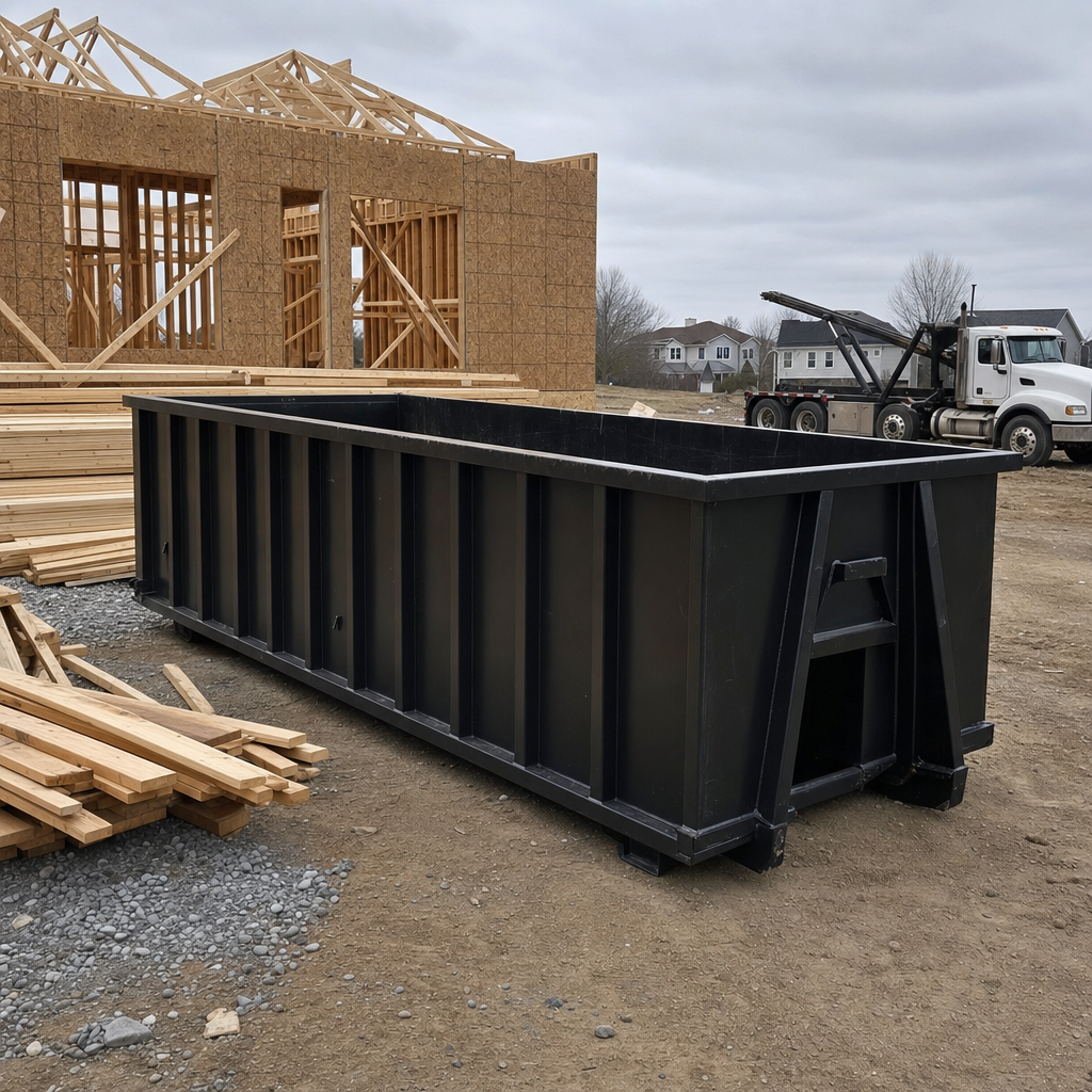 Matte-black 40-yard roll-off dumpster staged on a framed-out residential construction site in Walnut Creek, framing lumber stacked nearby, hooklift delivery truck visible in the background under bright Colorado daylight