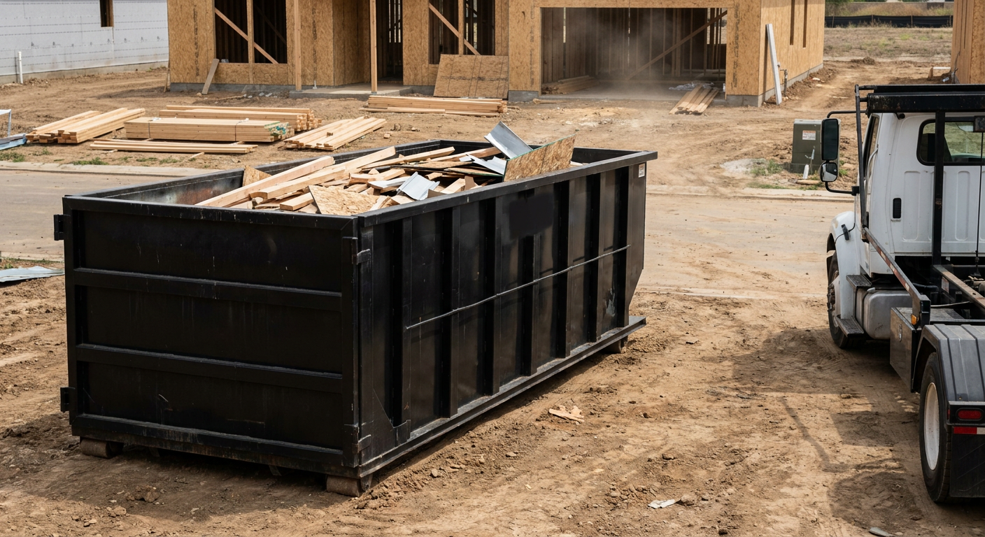 Matte-black 20-yard roll-off construction dumpster with heavy ribbed steel sidewalls and swing rear doors at a working jobsite in Walnut Creek, sitting directly on compacted dirt with an unmarked white hauler partially visible at the far edge of the frame.