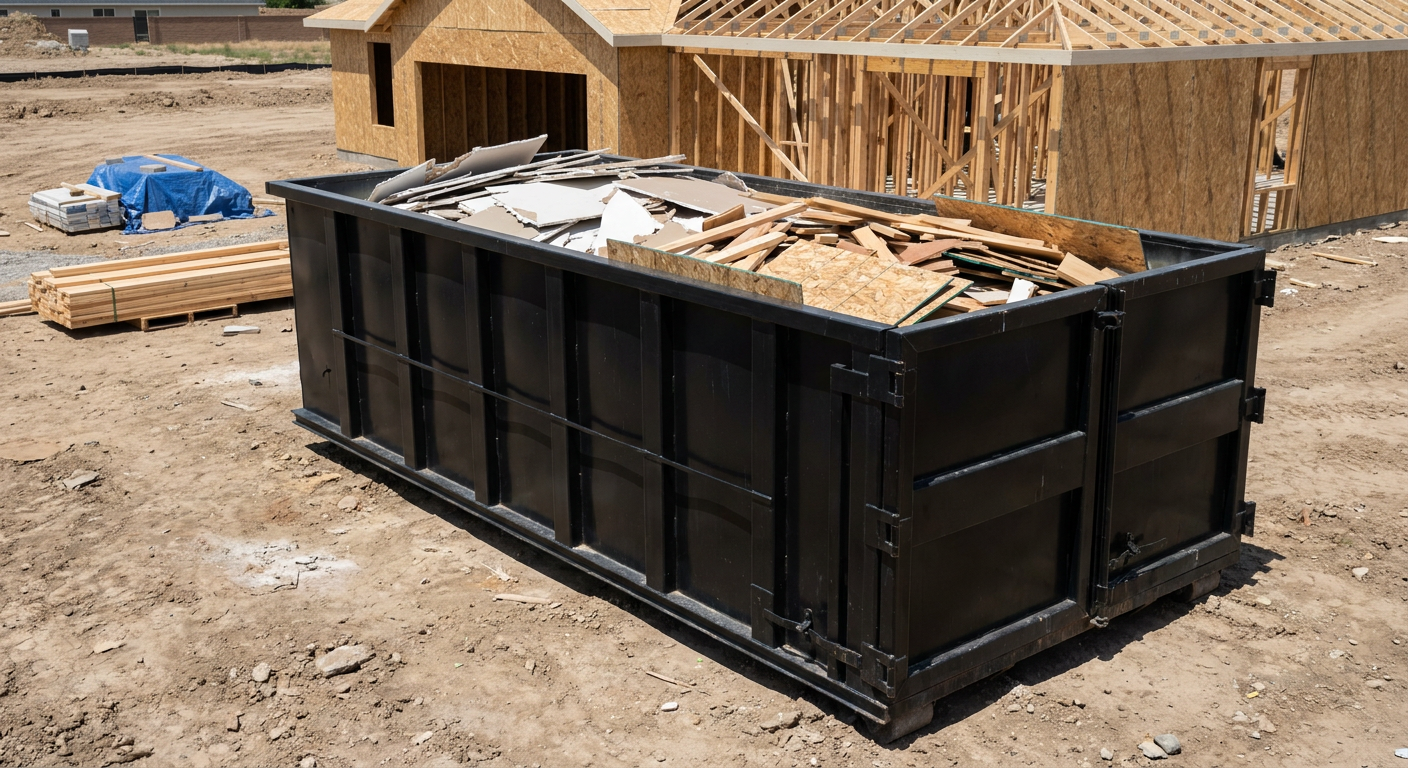 Matte-black 30-yard roll-off construction dumpster sitting directly on the compacted-dirt site of a framed single-family home build in Walnut Creek, drywall and lumber scrap loaded inside.