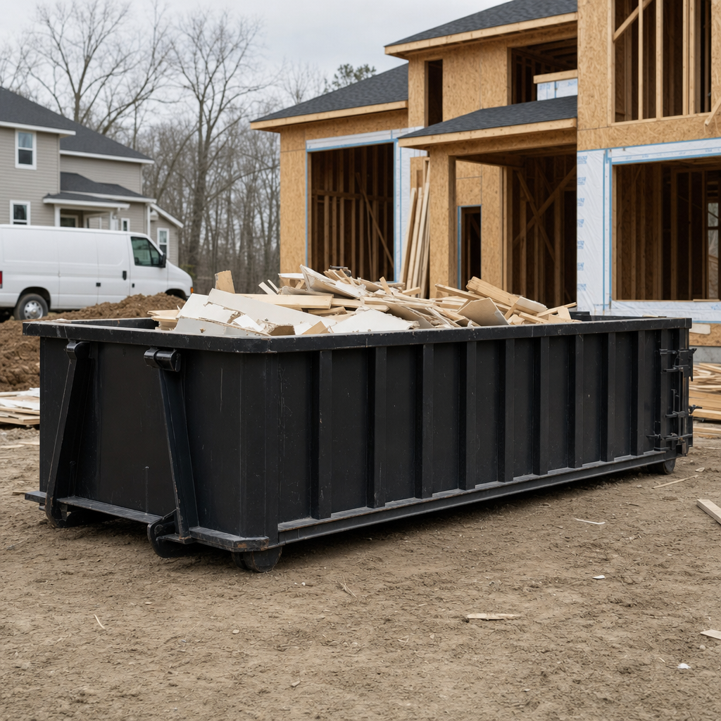 Worker in a yellow high-visibility vest tossing framing lumber and broken drywall into a matte-black 30-yard construction roll-off dumpster on an active build site in Walnut Creek, bright daylight