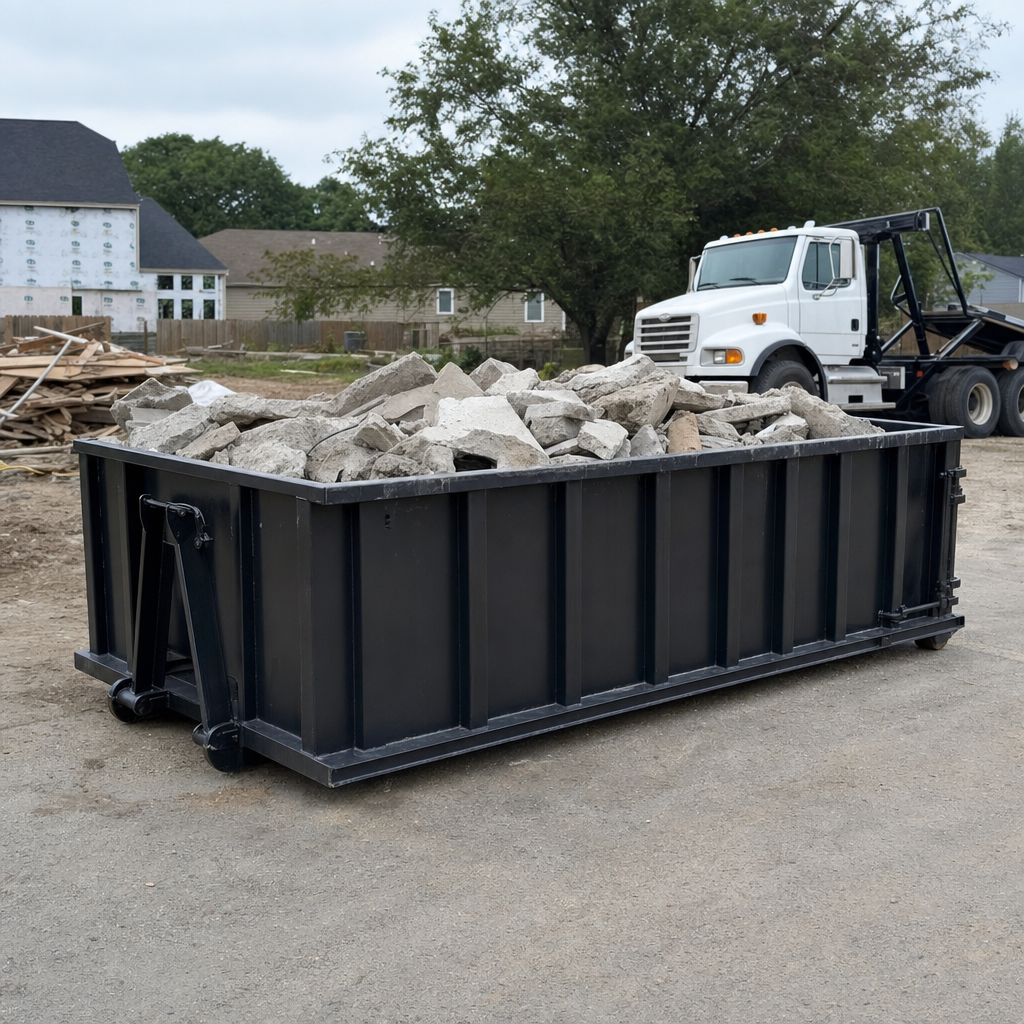 Low-profile matte-black lowboy roll-off dumpster loaded with broken concrete slab and rebar at a foundation tear-out in Walnut Creek, skid steer parked beside it, sunny Colorado morning