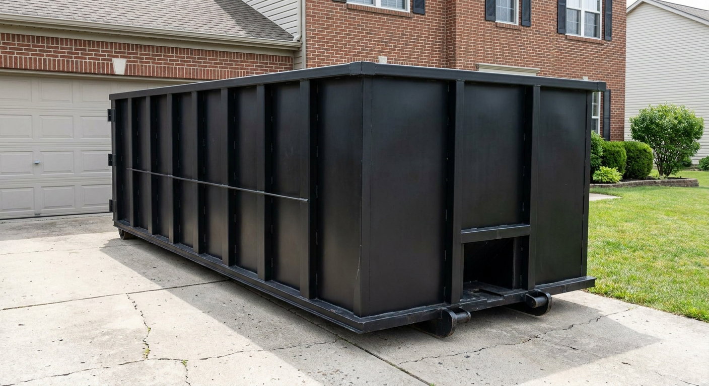 Matte-black 20-yard roll-off container on a Walnut Creek residential concrete driveway with reinforced ribbed steel sidewalls and a hinged rear walk-in door, clean bright daylight.