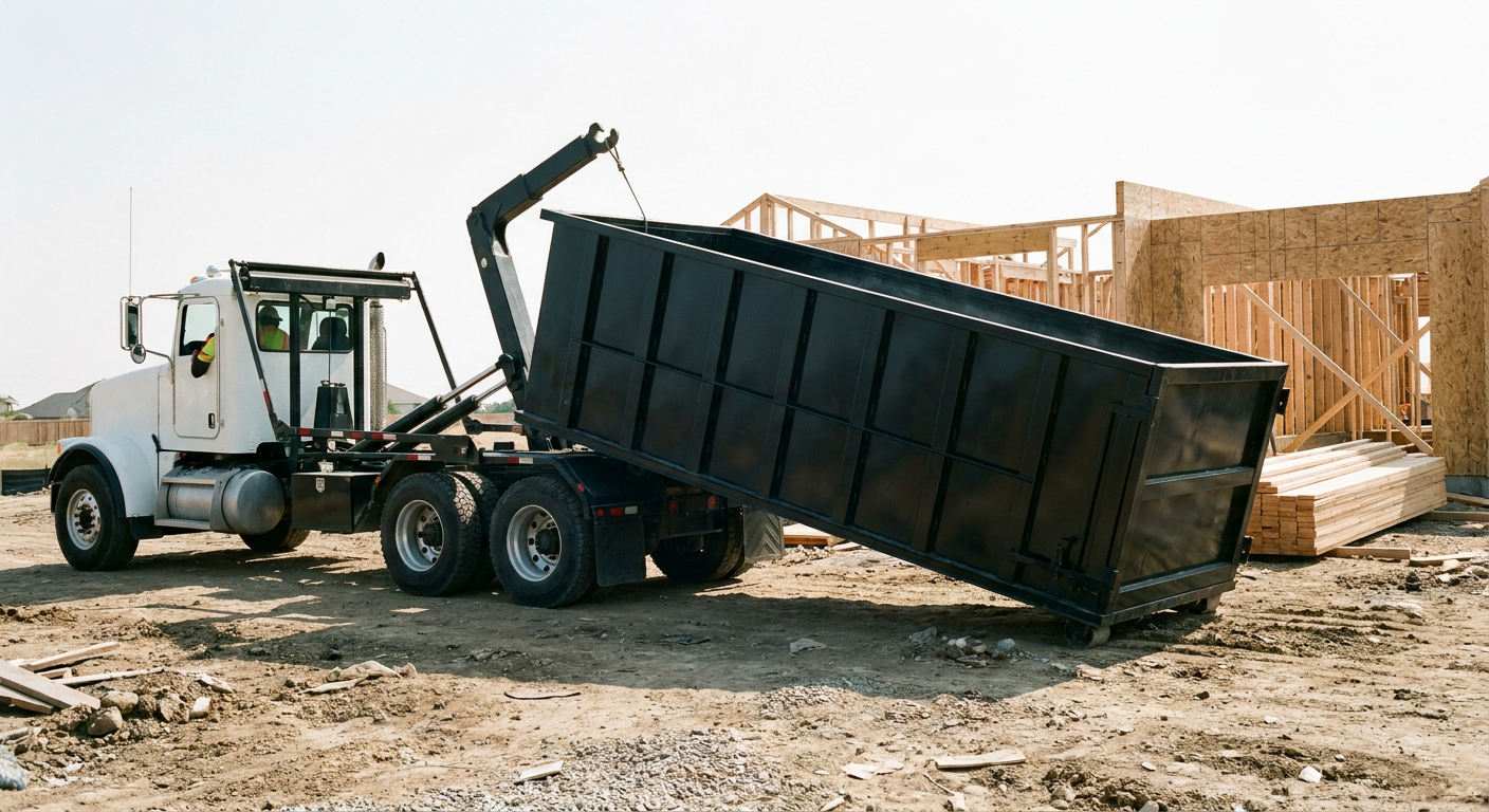 Matte-black roll-off dumpster being delivered onto a clean residential concrete driveway in Walnut Creek by an unmarked white hooklift hauler truck, bright morning daylight, documentary 35mm perspective.