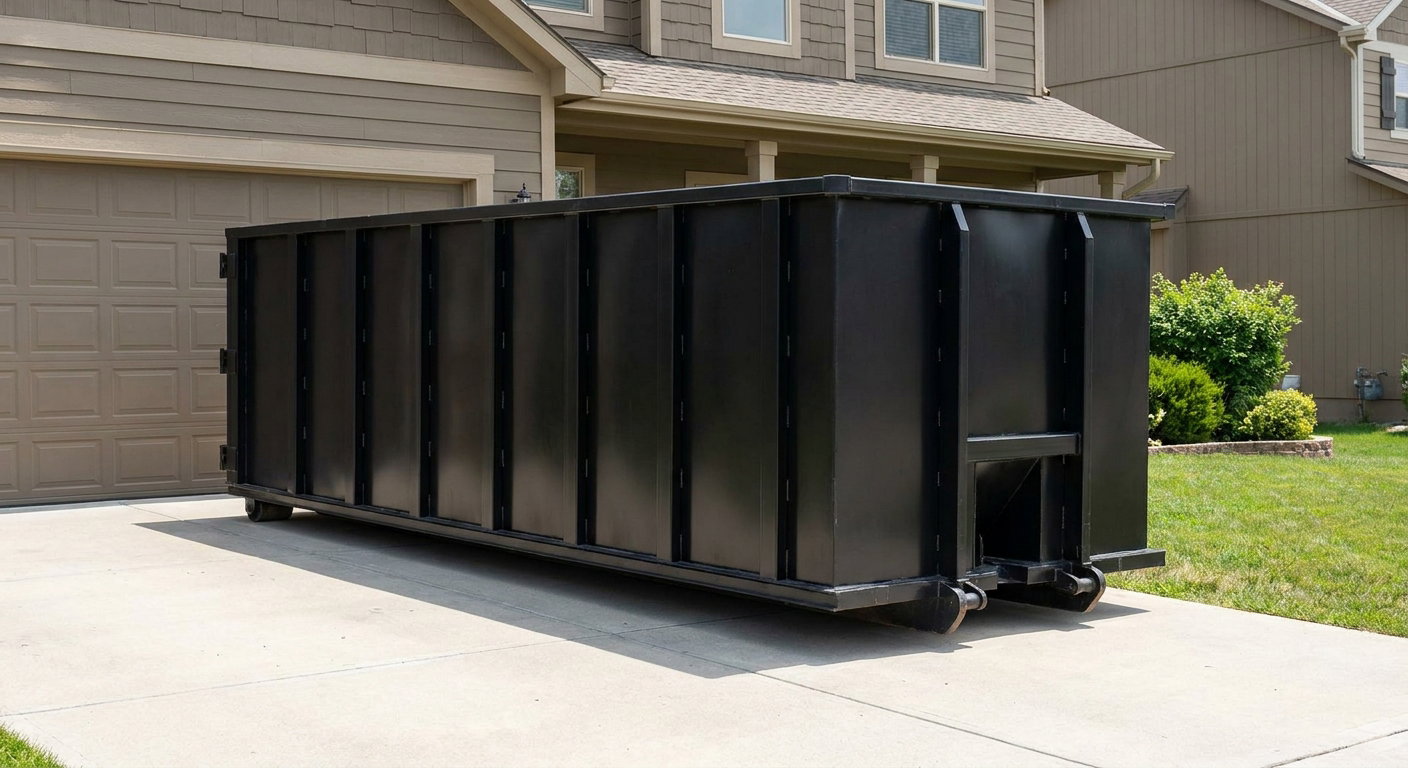 Matte-black residential roll-off dumpster sitting directly on a suburban Walnut Creek concrete driveway, garage door closed, single-family home in background, bright morning daylight.