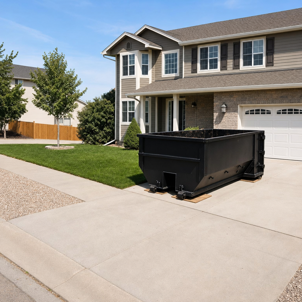 10-yard matte-black residential dumpster placed directly on a narrow Walnut Creek concrete driveway, room remains for a parked sedan beside it, mid-morning natural light