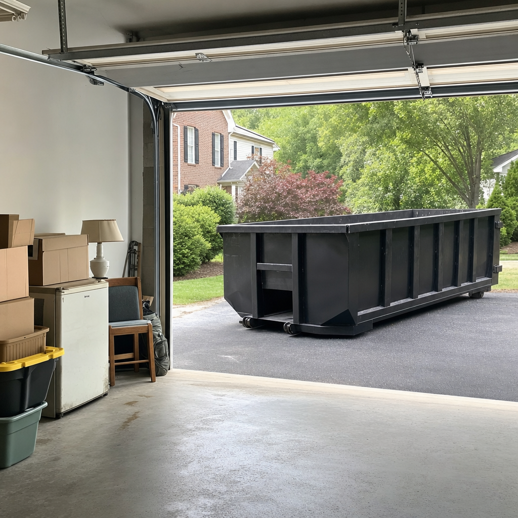 Open garage interior in a Walnut Creek home mid-cleanout — boxed items, an old appliance, and stacked yard tools queued near the driveway for a matte-black roll-off dumpster, organized and calm