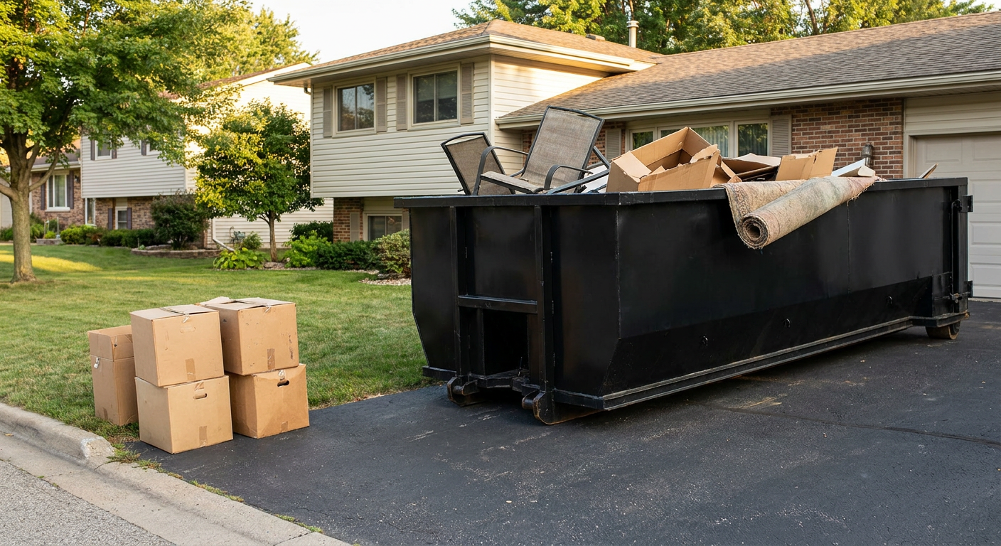 Front-yard view of a Walnut Creek split-level home with a 20-yard matte-black roll-off dumpster sitting directly on the asphalt driveway, a few clearly labeled donation boxes staged at the curb, calm sunny afternoon.