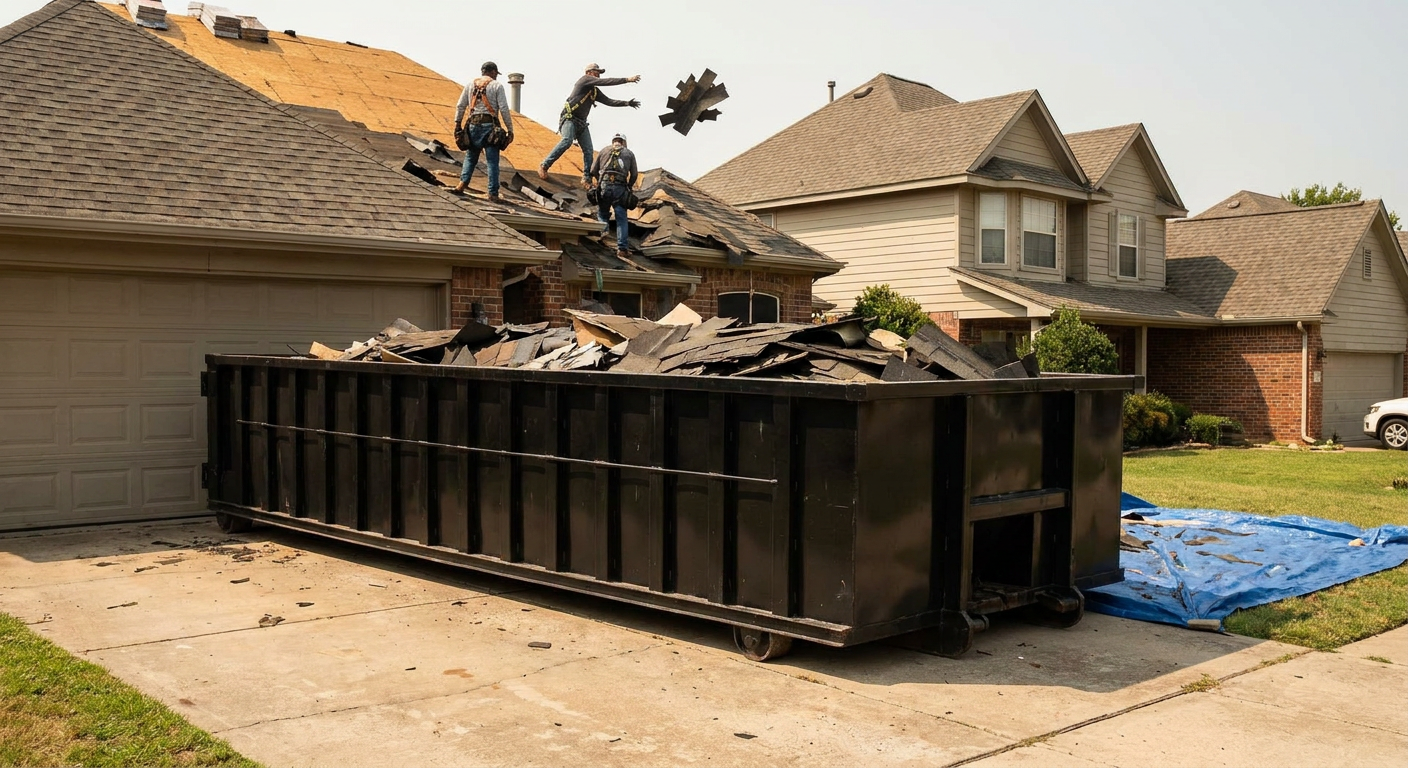 Matte-black roofing roll-off dumpster placed directly on a Walnut Creek residential concrete driveway, a tear-off crew on a two-story asphalt-shingle roof tossing shingle bundles into the low-walled container, bright daylight, documentary 35mm perspective.