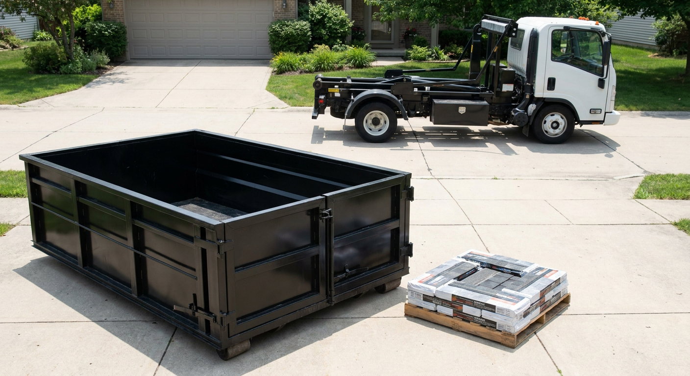 Matte-black 15-yard roofing roll-off dumpster with reinforced low side walls sitting directly on a Walnut Creek residential concrete driveway, three-tab asphalt shingle bundles stacked nearby, an unmarked white hauler truck partially visible at the edge of the frame.