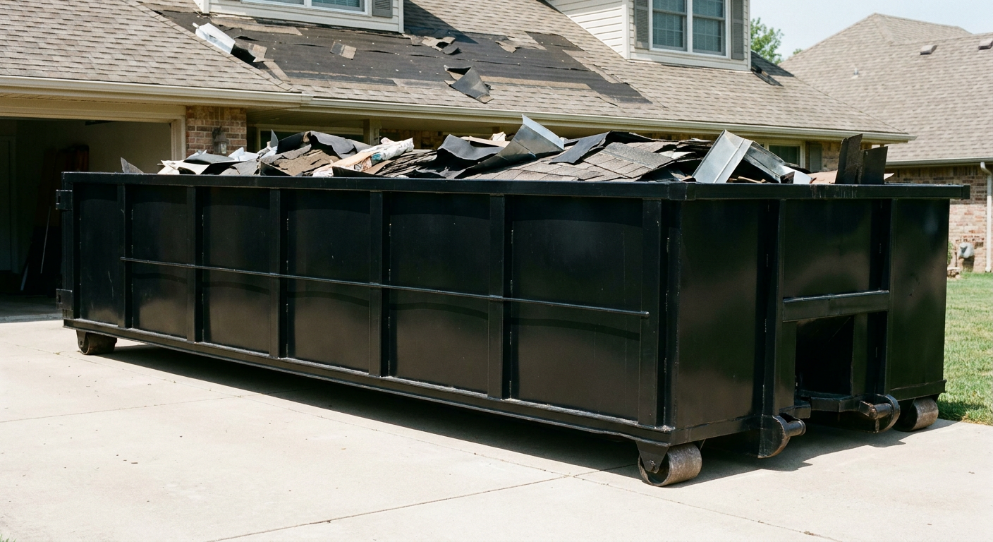 Matte-black 20-yard roofing roll-off dumpster with steel ribbed sides and swinging rear door, sitting directly on the concrete driveway of a two-story Walnut Creek home, asphalt shingle debris being loaded over the low wall, clean documentary lighting.