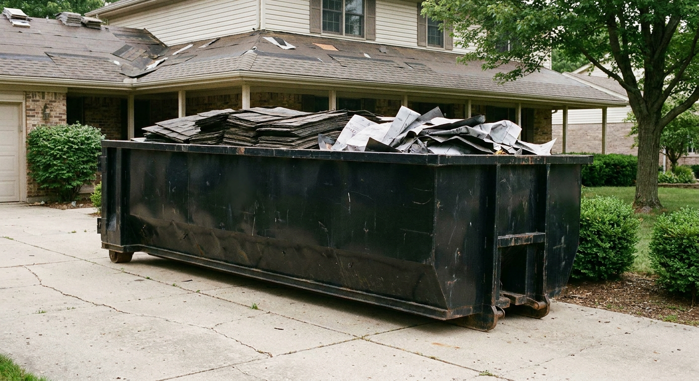 Matte-black 30-yard roofing roll-off dumpster sitting directly on a Walnut Creek concrete driveway, taller ribbed steel side panels, mixed tear-off debris of asphalt shingles and underlayment inside, professional documentary daylight.