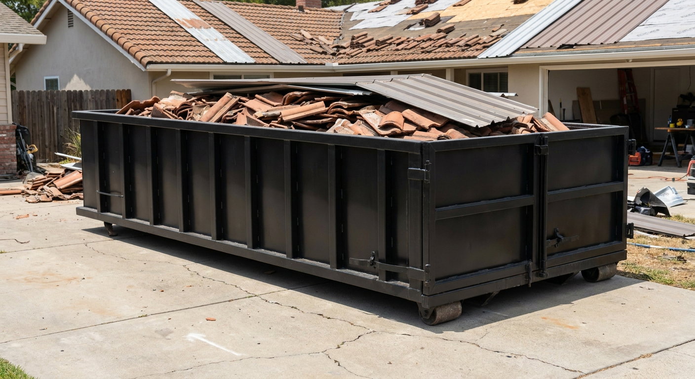 Matte-black low-wall heavy-debris roofing roll-off dumpster sitting directly on a Walnut Creek concrete driveway, broken concrete clay roof tiles and metal panel sections loaded inside, reinforced ribbed steel side walls visible, bright outdoor daylight.