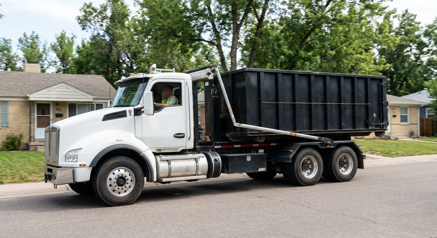 A wide documentary shot of a matte-black roll-off delivery truck pulling onto a quiet Walnut Creek residential street at mid-morning, with neighborhood rooftops and tree-lined blocks visible behind, showing the metro coverage footprint.