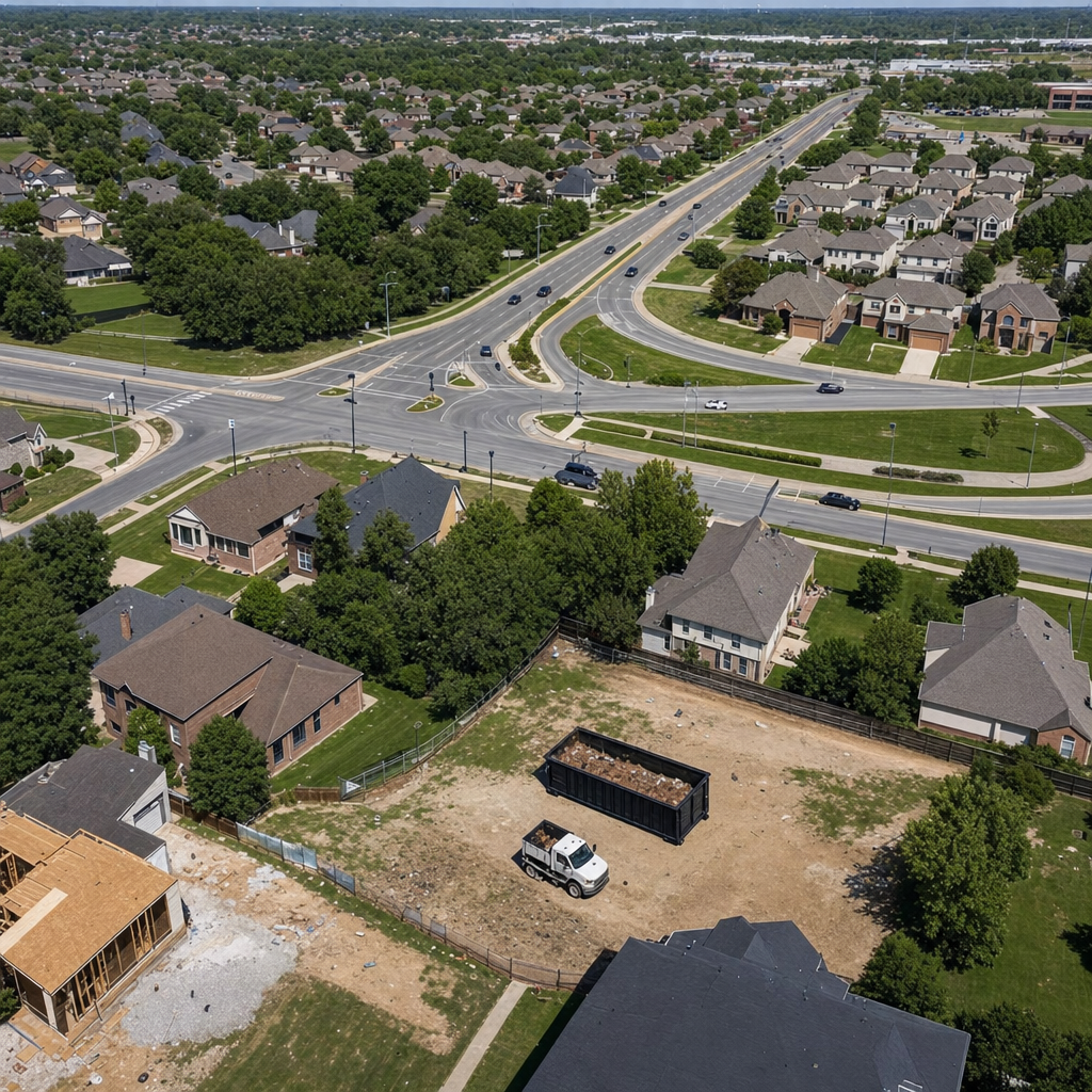 An overhead documentary view of the Walnut Creek metro area at midday, showing the spread of neighborhoods, arterial roads, and the dispatch radius from a central yard — clean daylight, organized geographic layout.