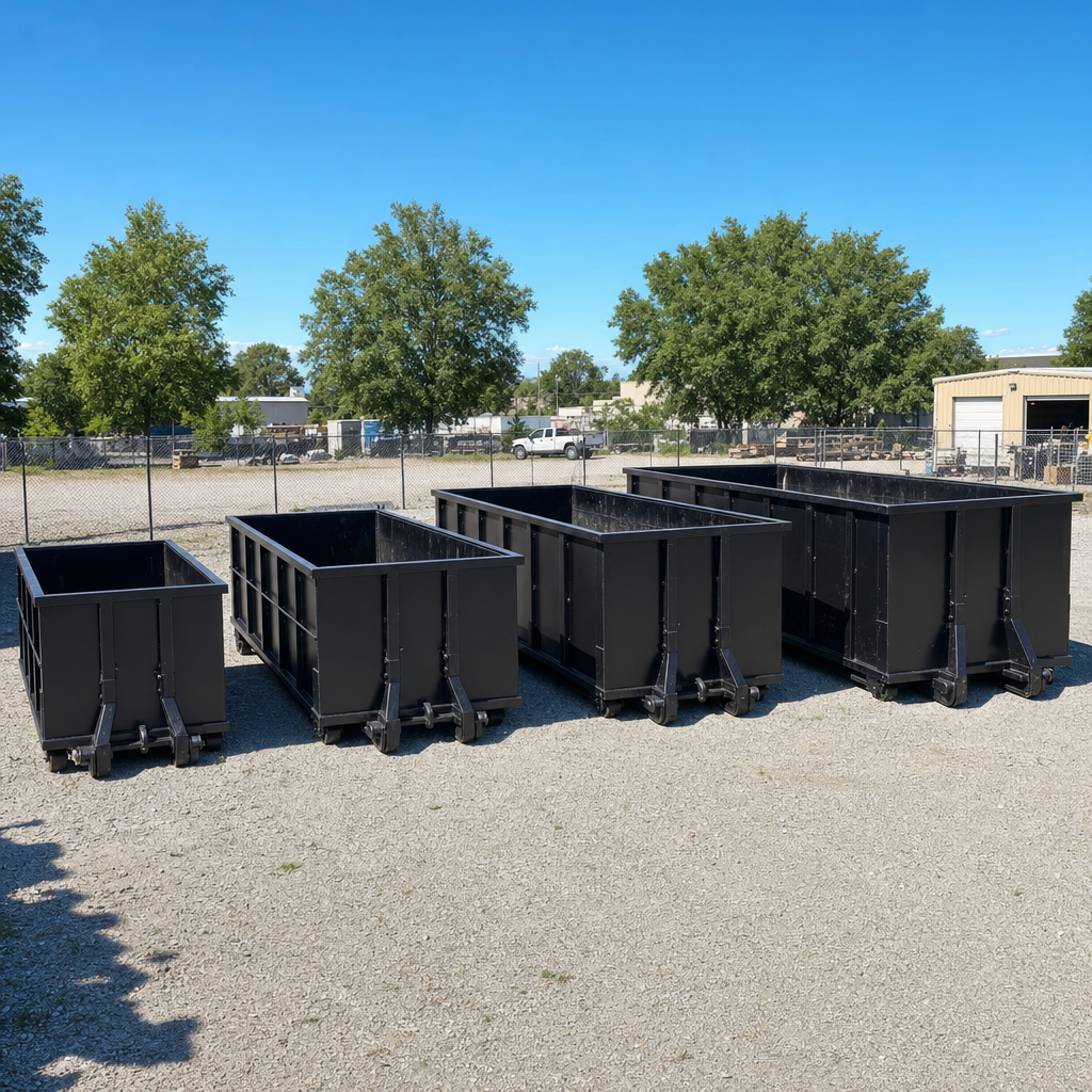 A clean lineup of matte-black roll-off dumpsters in 10, 20, 30, and 40-yard sizes staged on a sunlit gravel yard in Walnut Creek, showing the size progression from compact to commercial-scale containers.