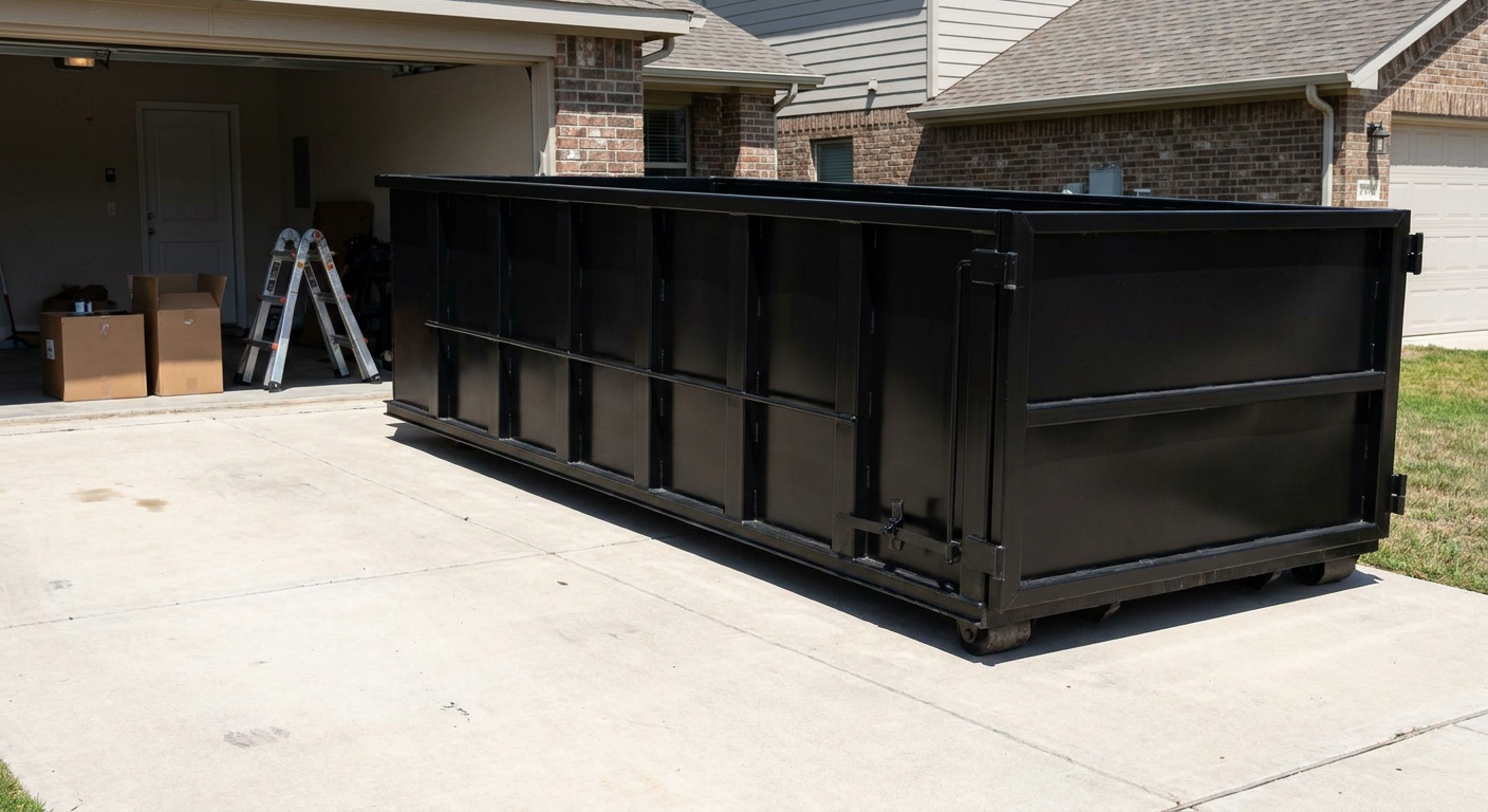 A matte-black 10-yard roll-off dumpster sitting directly on a residential Walnut Creek concrete driveway, mid-day sunlight, clean and ready for a garage cleanout.