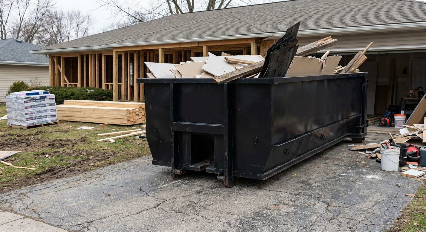 A matte-black 20-yard roll-off dumpster placed alongside a mid-renovation Walnut Creek home directly on the asphalt driveway, with framing materials and torn-off shingles staged neatly nearby.