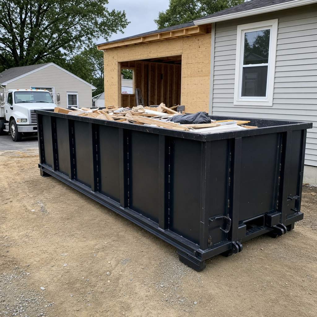 A matte-black 30-yard roll-off dumpster positioned at a Walnut Creek residential addition jobsite, with framing lumber and drywall scraps loaded through the open swinging rear doors.