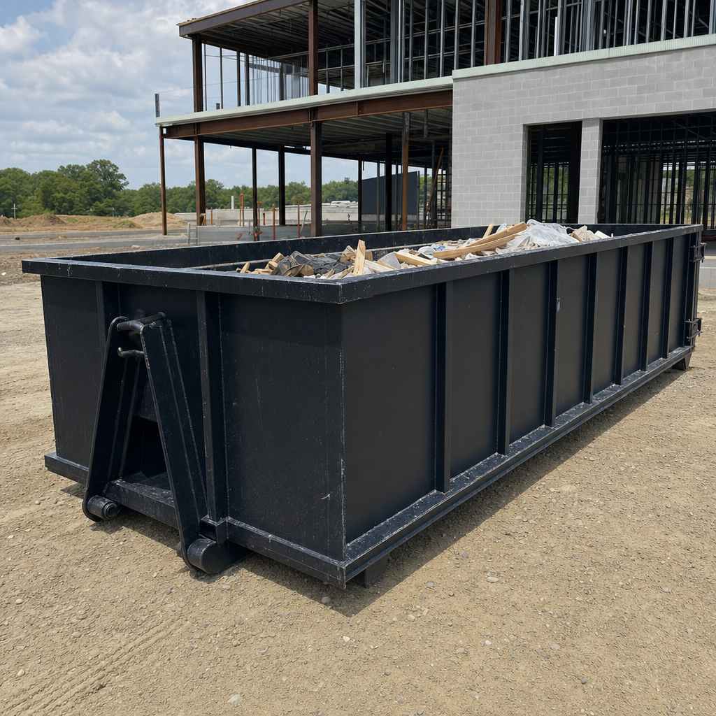 A matte-black 40-yard roll-off dumpster staged on a large Walnut Creek commercial construction lot, with a hooklift delivery truck parked alongside under bright midday sky.