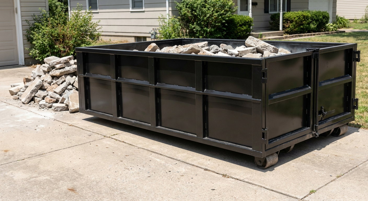 A matte-black low-side heavy-debris roll-off dumpster placed directly on a Walnut Creek concrete driveway, with broken concrete chunks neatly stacked beside it under clean daylight.